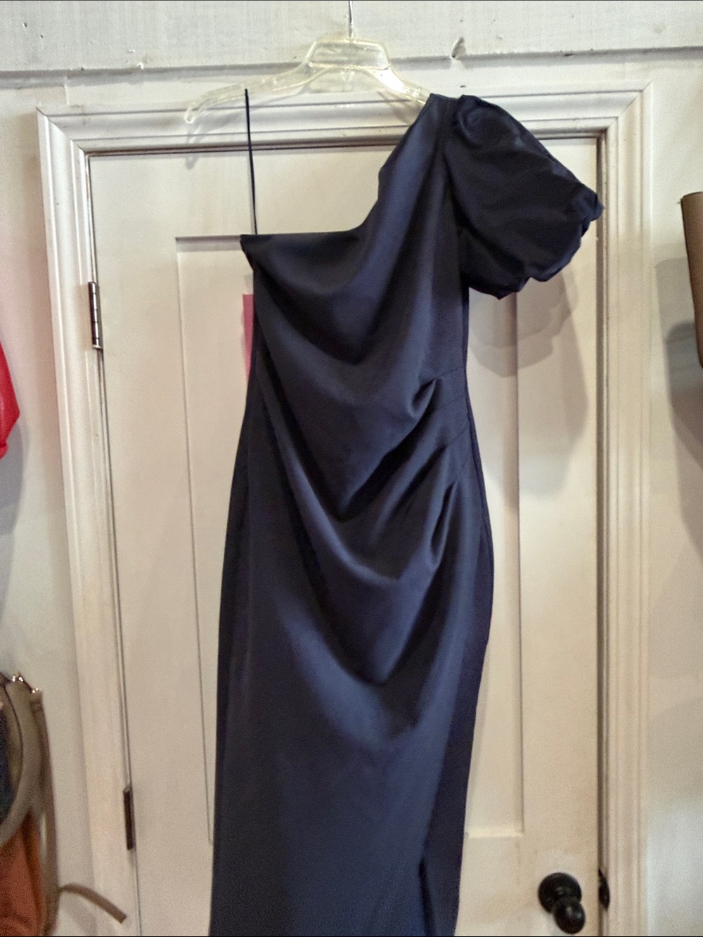 Ralph Lauren One-Shoulder Black Evening Gown with Puff Sleeve